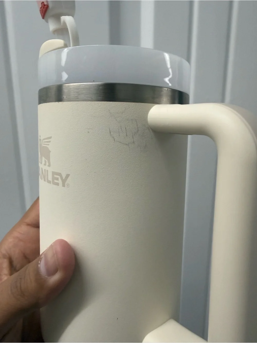 Cream Stanley cup with boba straw topper